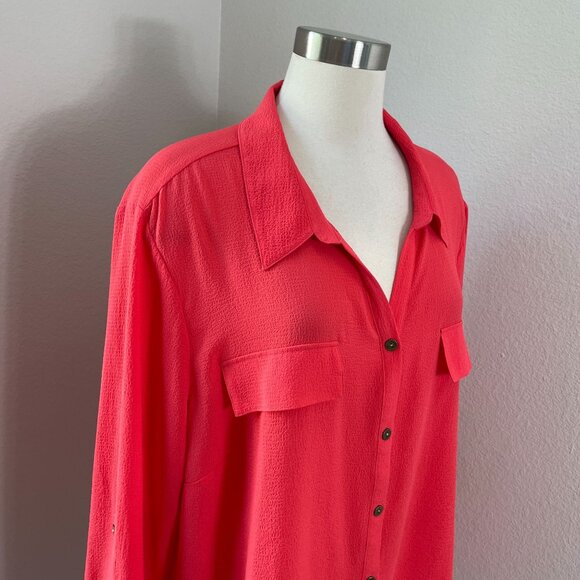 Catherines Womens Plus 2X Coral Button Up Blouse Roll Tab Sleeve Pocket Shirt - Picture 2 of 11